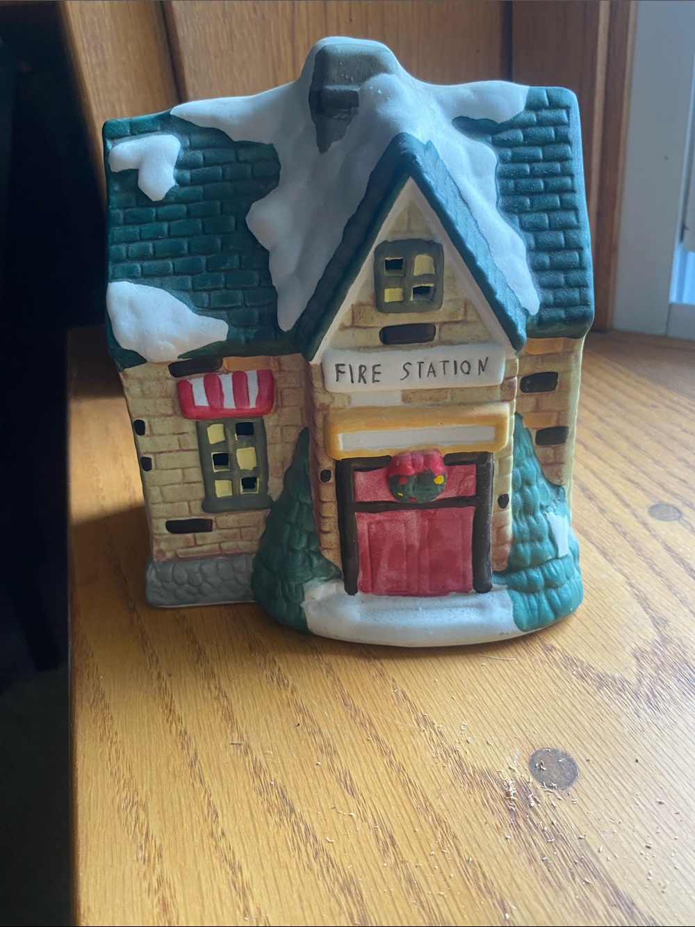 Decorative Snowy Red Fire Station Holiday House